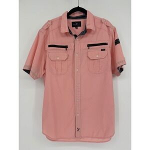 Marc Ecko Cut & Sew Mens XL Salmon Pink Utility Short Sleeve Button Down Shirt
